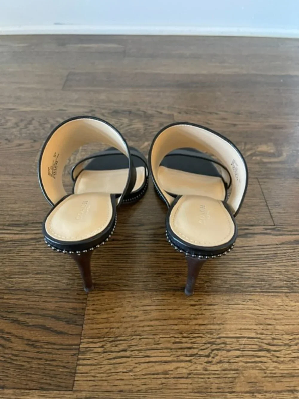 Coach Stella Black Leather Studded Two Strap Heeled Mules Sandals - 9 EUC